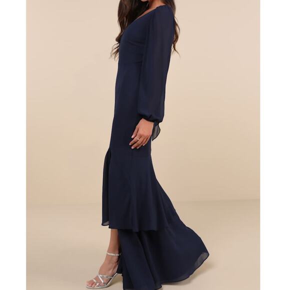 Lulus NWT Tier Elegance Navy Long Sleeve V-Neck Chiffon Tiered Maxi Dress Medium - Picture 2 of 10